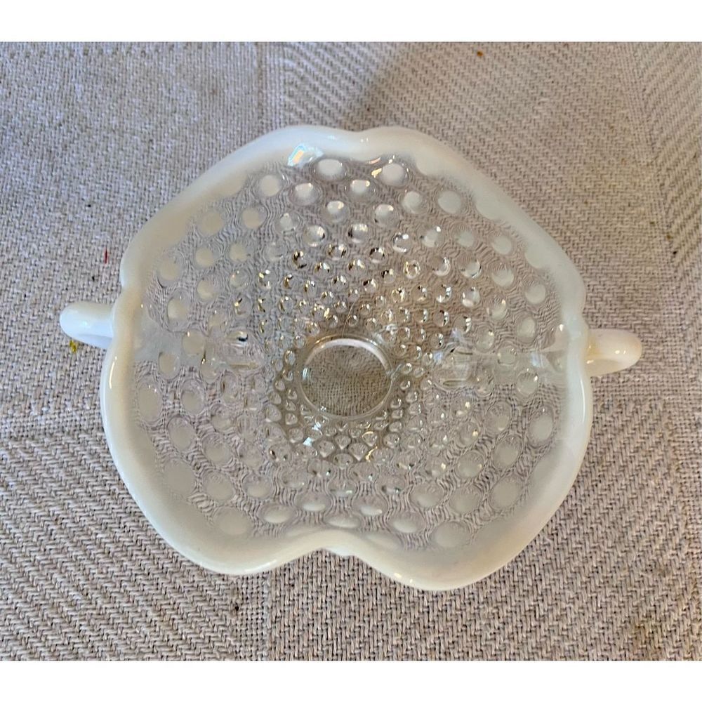 Vintage FENTON Art Glass Handles French Moonstone Opalescent Hobnail CANDY DISH